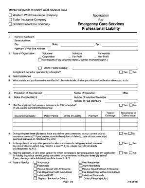Emergency Care Services Professional Liability Application