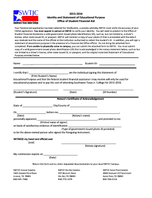 SWTJC Verification Identity and Statement of Educational Purpose