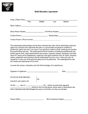 Santa Fe County Physical Agility Test Hold Harmless Agreement