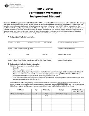 2012–2013 Verification Worksheet for Independent Student