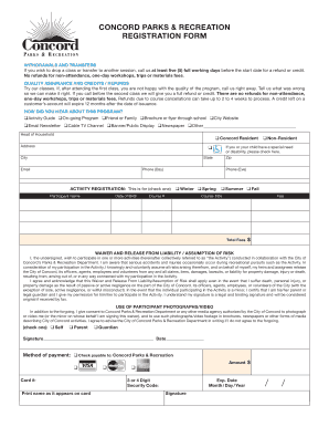 Concord Parks & Recreation Activity Registration Form