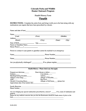 Colorado Youth Hunt Health History Form
