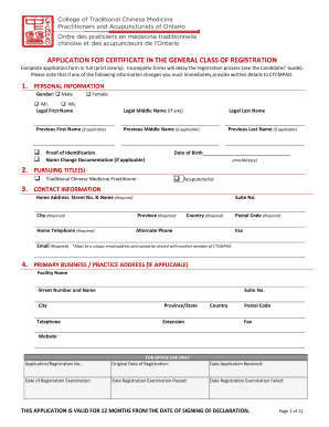 Application for Certificate in General Class of Registration
