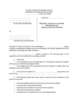 Ohio Request Affidavit Order for Service by Publication or Posting