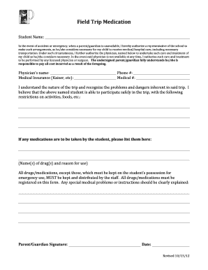 School Field Trip Medical Authorization Form