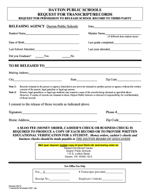 Dayton Public Schools Transcript Release Form