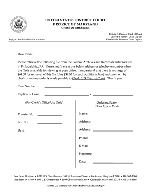 US District Court File Retrieval Request
