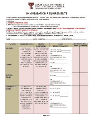 Texas Health Professions Immunization Form