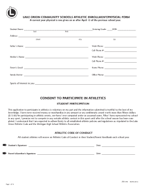 Lake Orion Community Schools Athletic Enrollment Physical Form