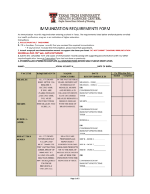 Texas Immunization Requirements Form