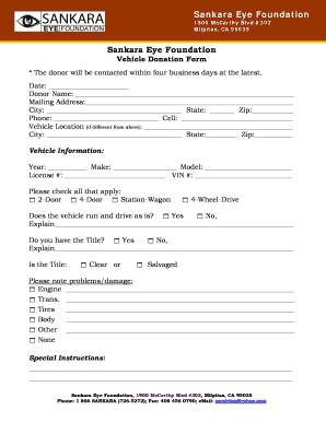 Sankara Eye Foundation Vehicle Donation Form