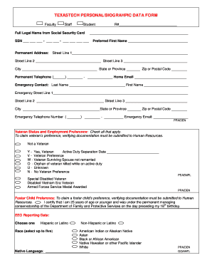 Texas Tech Personal Biographic Data Form