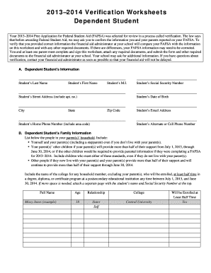2013–2014 Verification Worksheet for Dependent Student
