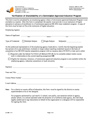 Verification of Unavailability of a Commission-Approved Induction Program