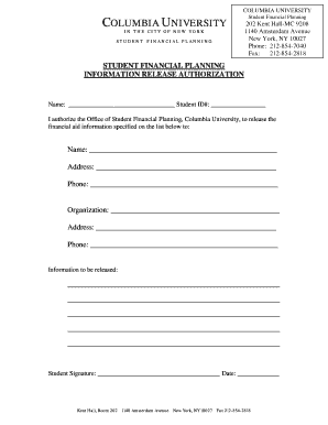 Columbia University Student Financial Planning Information Release Authorization