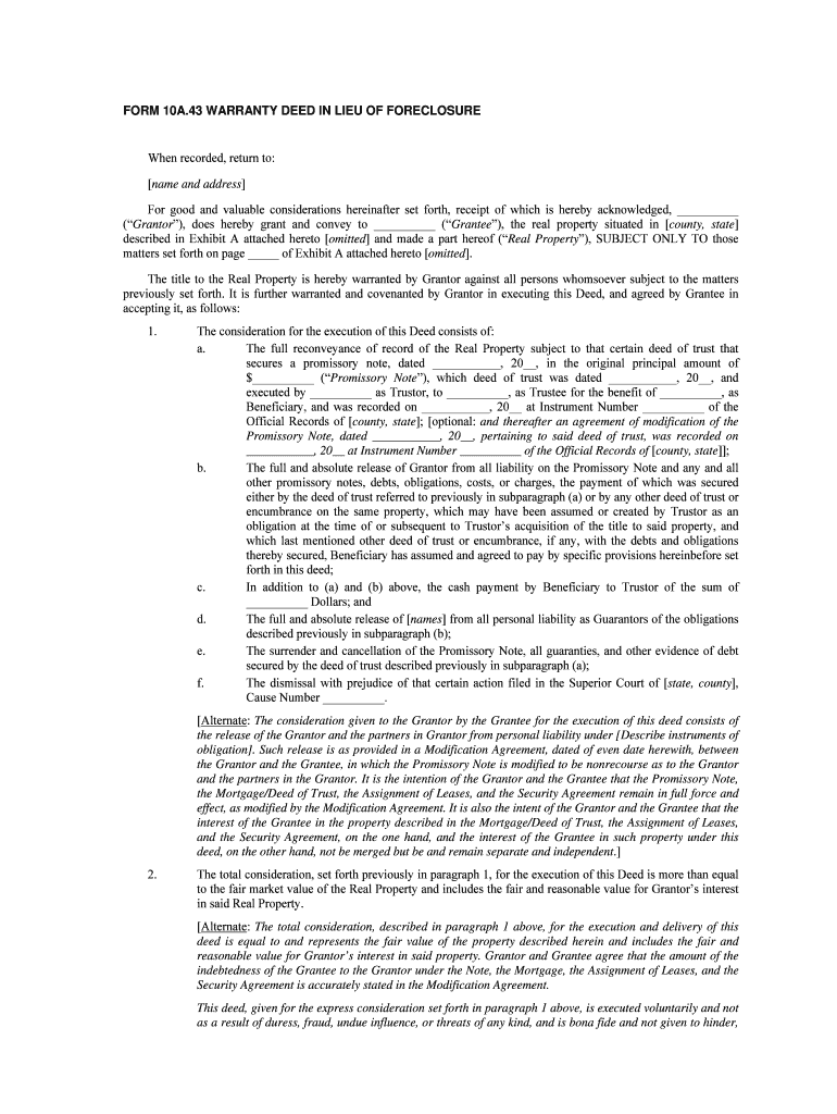 Fillable Online FORM 10A43 WARRANTY DEED IN LIEU OF FORECLOSURE Fax