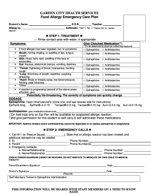 Food Allergy Emergency Care Plan