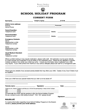 School Holiday Program Consent Form