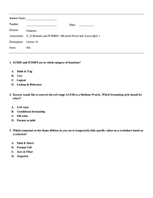 Microsoft Excel and Access Quiz 1