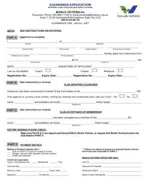 Bowls Victoria Club Clearance Form