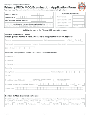 Primary FRCA MCQ Examination Application Form