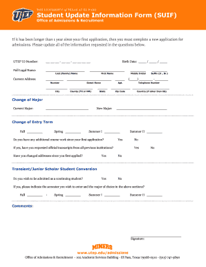 University of Texas at El Paso Student Update Information Form