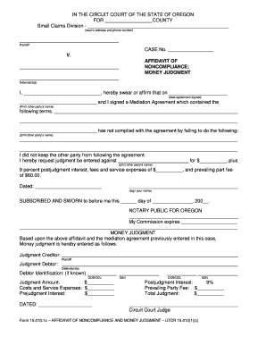 Oregon Affidavit of Noncompliance and Money Judgment