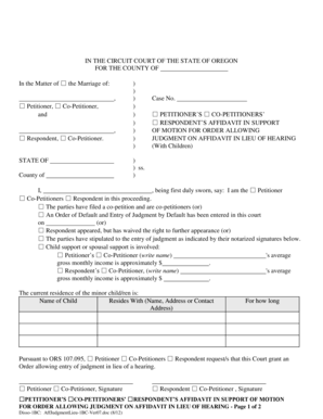 Oregon Affidavit in Support of Motion for Order Allowing Judgment on Affidavit in Lieu of Hearing