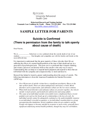 Fillable Online ubhc rutgers Sample Letter for Parents - Suicide is ...