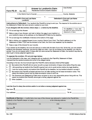 Alabama Residential Eviction Answer Form