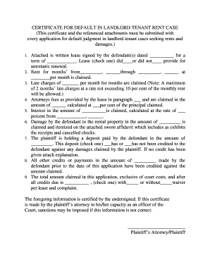 Certificate for Default in Landlord-Tenant Rent Case