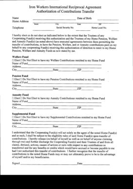Iron Workers International Authorization of Contributions Transfer