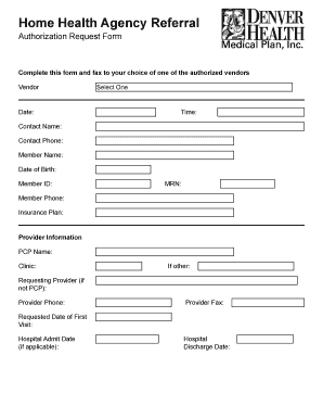 Home Health Agency Referral Authorization Request Form