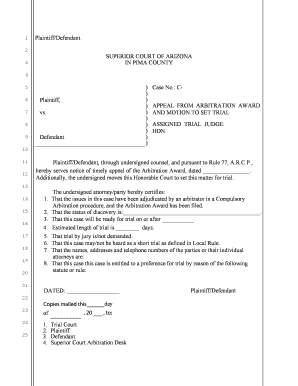 Appeal from Arbitration Award and Motion to Set Trial