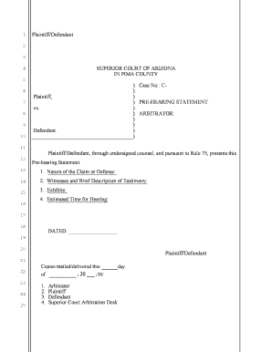 Arizona Pre-Hearing Statement