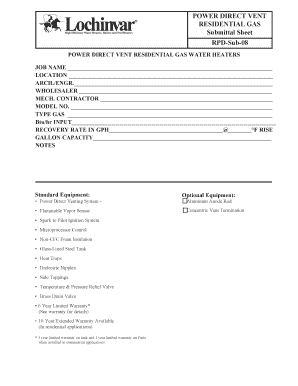 Power Direct Vent Residential Gas Water Heater Submittal Sheet