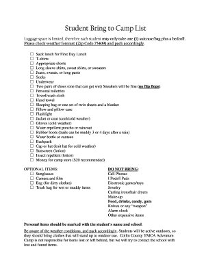 Student Camp Packing List
