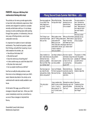 Rising Second Grade Summer Math Menu