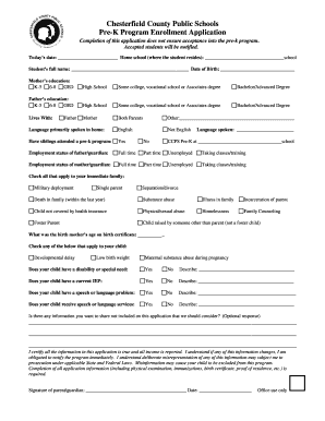 Chesterfield County Pre-K Program Enrollment Application