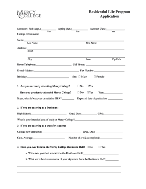 Mercy College Residential Life Program Application