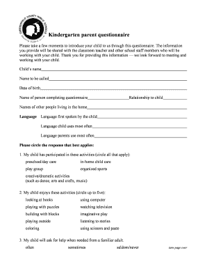 Kindergarten Parent Questionnaire