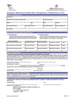 Employer Sponsored 403(b) Plan Beneficiary Designation Form