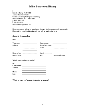 Feline Behavioral History Form
