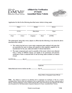 Affidavit for Verification of Classic Assembled Motor Vehicle