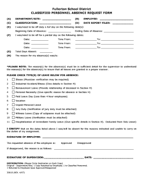 Fullerton School District Classified Personnel Absence Request Form