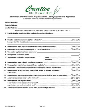 Distributors and Wholesalers General Liability Supplemental Application