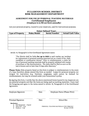 Fullerton School District Personal Teaching Materials Use Agreement