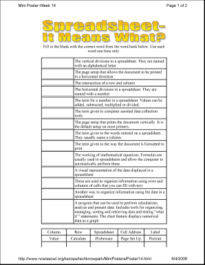 Spreadsheet Terms Worksheet