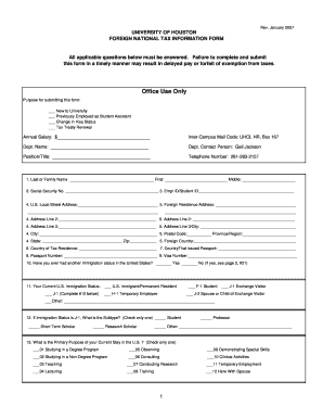 University of Houston Foreign National Tax Information Form