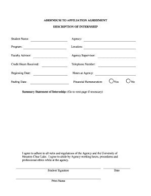 Addendum to Affiliation Agreement for Internship